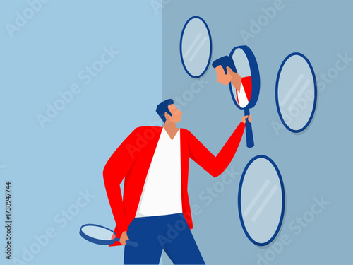 Businessman found himself from mirror thinking about self awareness.A man finds himself in the mirror.self awareness challenges illustration