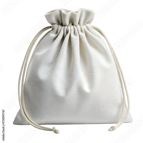 White Drawstring Pouch Made of Textured Fabric on White Background textile