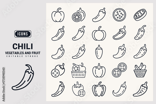 Collection of Outline Icons for Chili Peppers Vegetables and Fruits White Background.