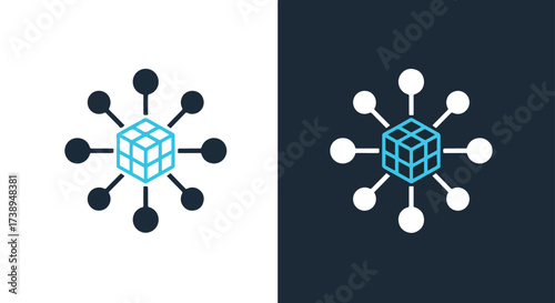 Abstract network connection icon cube data hub node system technology concept - Line and glyph solid icon and logo templete
