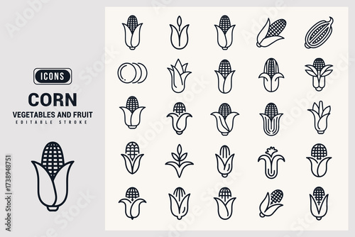 Collection of Corn Icons Representing Vegetables and Fruits White Background.