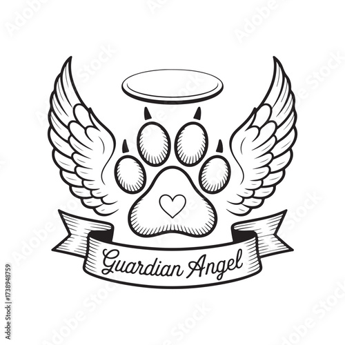Pet Memorial Paw Print with Angel Wings and Halo