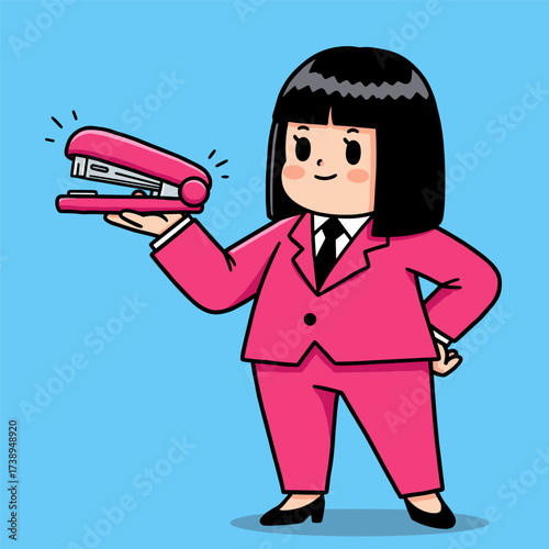 Cartoon person in pink suit holding giant pink stapler on blue background.