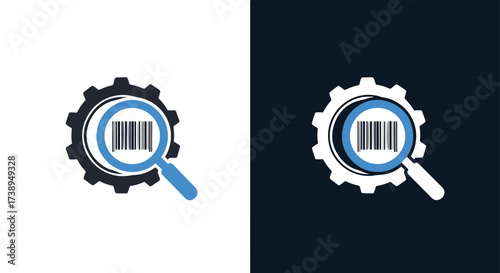 Barcode search magnifying glass gear icon for product identification and data retrieval - Line and glyph solid icon and logo templete