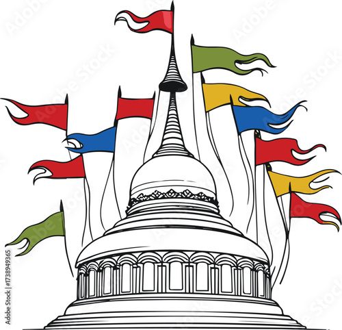 Smooth outline of Buddhist stupa with flags 1.