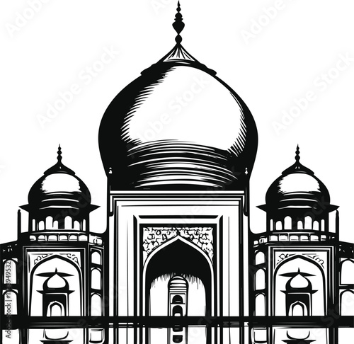 Black thick outline with white background, Smooth line outline of Indian Taj Mahal dome 2