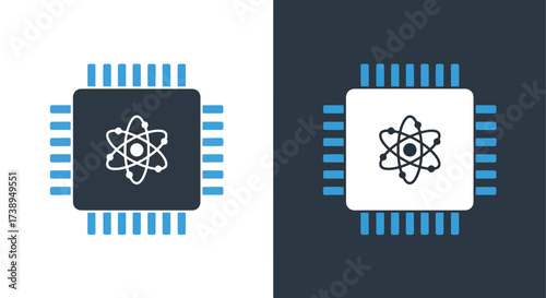 Atom icon on microchip symbolizing technology science and innovation - Line and glyph solid icon and logo templete