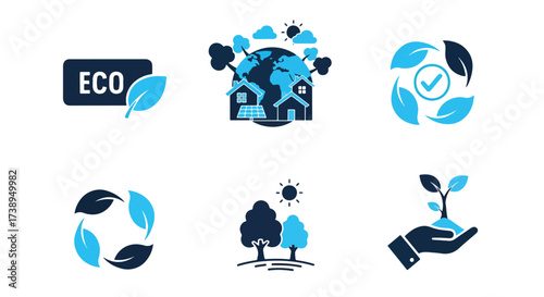 Eco friendly green earth sustainability icons set nature plants hand recycle - Line and glyph solid icon and logo templete