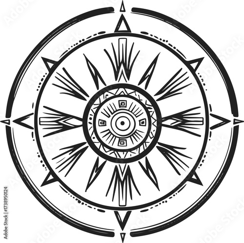 Elegant single line drawing of Aztec sun calendar symbol