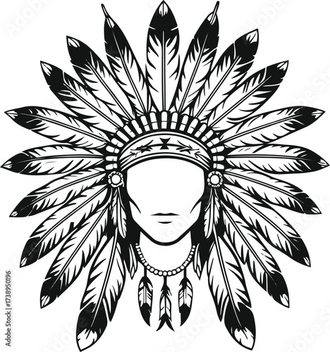 Minimalist line art of Native American feather headdress 2