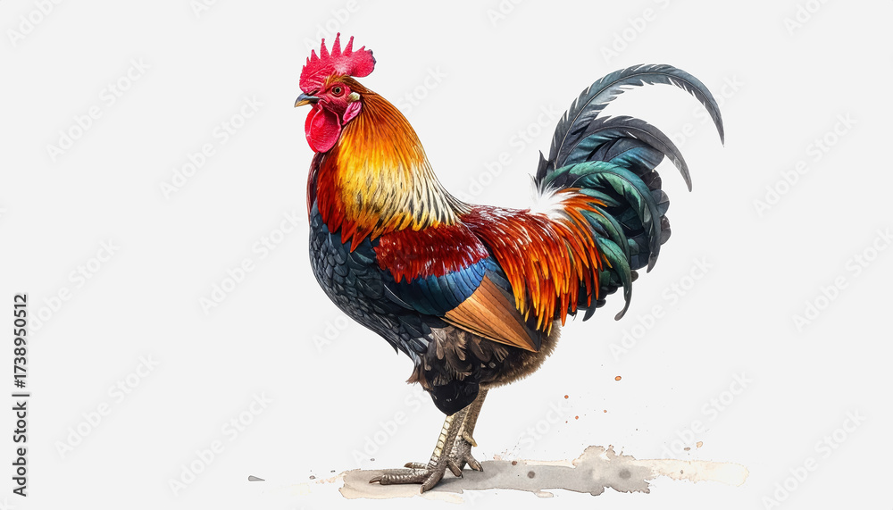 Fototapeta premium Striking rooster standing proudly isolated on white background ideal for agricultural and animal themes