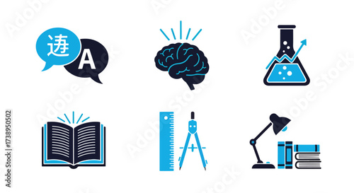 Brain icon language translation science book ruler compass desk lamp icons education knowledge learning - Line and glyph solid icon and logo templete