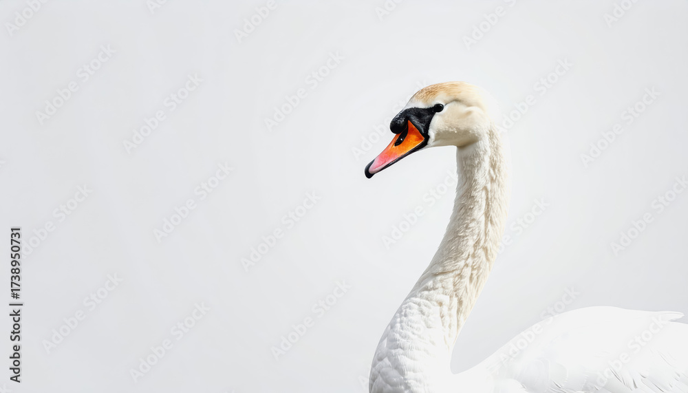 Obraz premium Majestic white swan displaying its beauty against a clean white background with ample copy space for design use