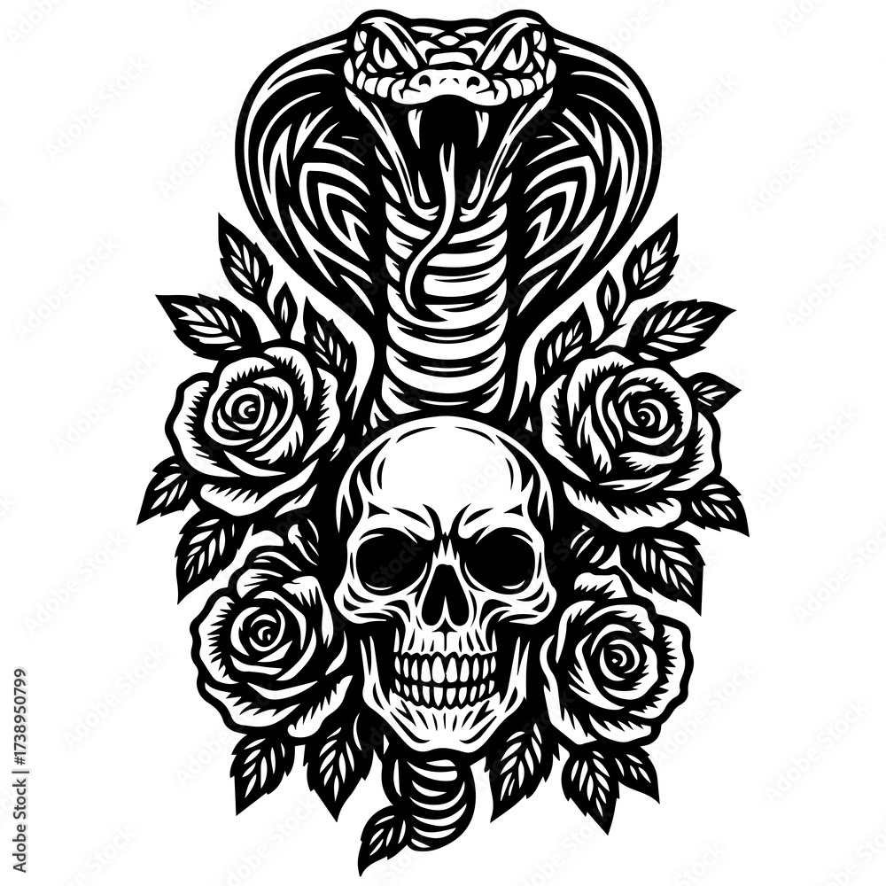 Fototapeta premium Tribal Skull and Cobra with Floral Ornaments Vector Illustration