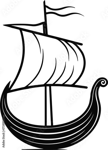 Minimalist smooth outline of Viking ship with sail.