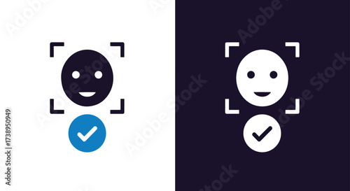 Facial recognition icon with check mark for verification and identification - Line and glyph solid icon and logo templete