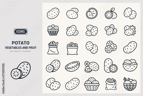 Collection of Delicious Root Vegetable Icons Representing Potatoes and Fruits White Background.
