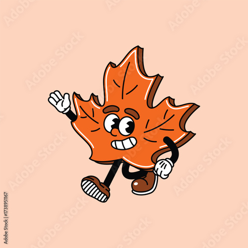 A cheerful, retro-style cartoon maple leaf character with expressive eyes, a wide smile, and arms and legs, waving hello and walking with a friendly demeanor. Maple leaf retro vintage mascot.