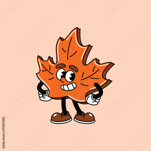 A vibrant orange maple leaf character, rendered in a classic cartoon style, features a cheerful face with wide eyes and a toothy grin, exuding a playful and friendly demeanor.