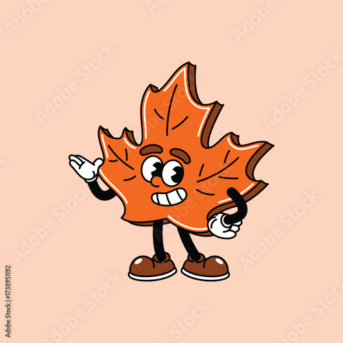 A cheerful, anthropomorphic maple leaf character with a friendly smile, big eyes, and arms gesturing, rendered in a classic cartoon style. Maple leaf retro vintage mascot.