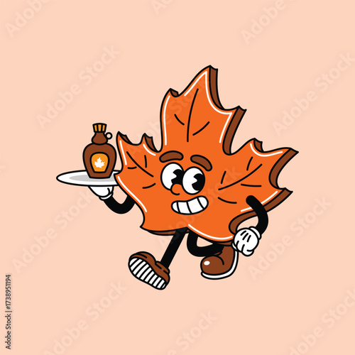 A cheerful cartoon maple leaf character with arms and legs, holding a tray with a bottle of maple syrup, depicted in a retro style. Maple leaf retro vintage mascot.