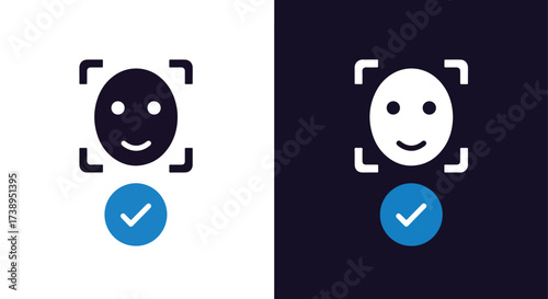 Facial recognition icon with checkmark for identity verification and security - Line and glyph solid icon and logo templete