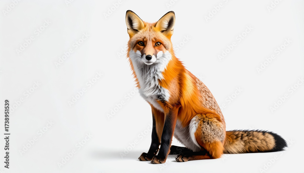 Fototapeta premium A beautiful red fox sitting comfortably on the ground captured against a bright white background for clear visibility