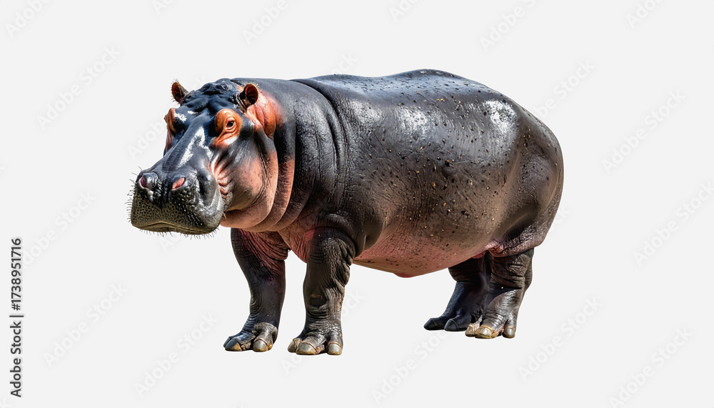 Obraz premium Hippopotamus standing firmly with large body and open mouth isolated on white background providing ample copy space