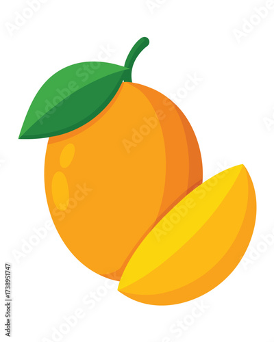Vector art of a vibrant orange fruit with a leaf and a slice, isolated on a
