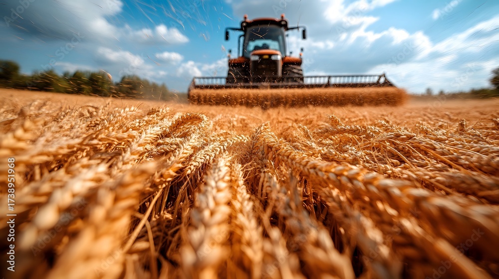 Fototapeta premium Harvesting wheat in a sunny field with a tractor working against a clear blue sky