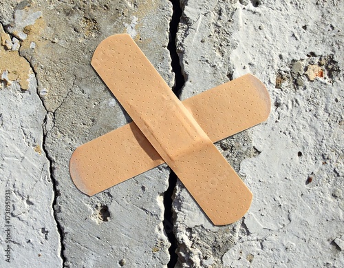 Cracked Concrete Fixed with Adhesive Bandages, Metaphor for Repair and Healing