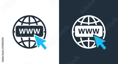 Global web link icon with cursor pointer and www text solid glyph - Line and glyph solid icon and logo templete