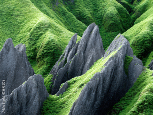 Aerial close up of jagged peaks with scattered green moss creating vibrant natural texture