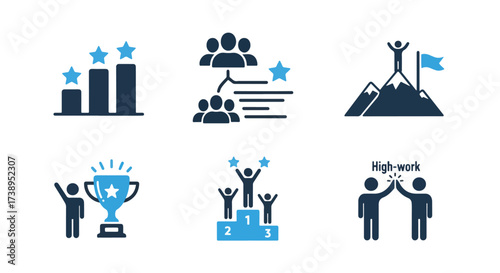 Teamwork success celebration achievement icons set for business and goals - Line and glyph solid icon and logo templete