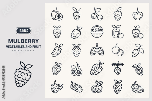 Hand Drawn Berry Fruit and Vegetable Icons for Healthy Food Design White Background.