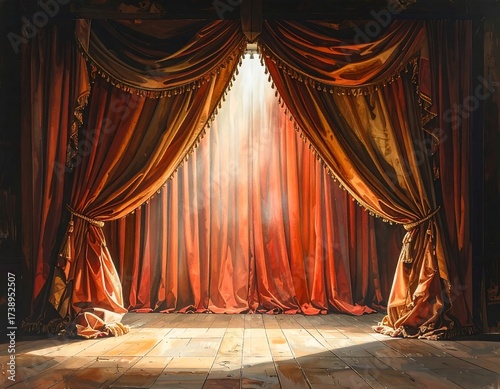 Dramatic Theatre Stage with Red Curtains and Bright Light Shining Through