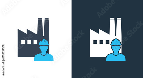 Industrial worker icon and factory building silhouette symbol for manufacturing and industry - Line and glyph solid icon and logo templete