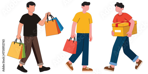 Three young men are walking and holding shopping bags and a box. Concept of consumerism, retail therapy, online shopping delivery, and enjoying a sale.
