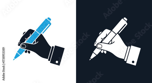 Hand holding pen glyph icon for writing signature note taking drawing design - Line and glyph solid icon and logo templete