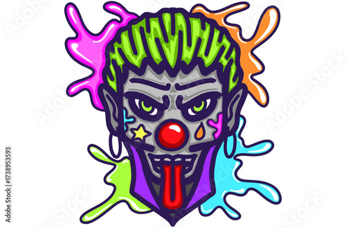 Vector Artwork of Crazy Expression of a Joker Sticking Out His Tongue with Some Colorful Neon Paint Splashes