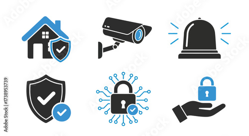 Home security icons protect house surveillance camera lock shield alarm safety - Line and glyph solid icon and logo templete