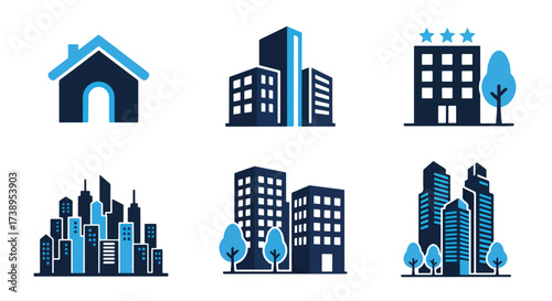 Collection of line and glyph solid building icons for real estate and cityscape graphics - Line and glyph solid icon and logo templete