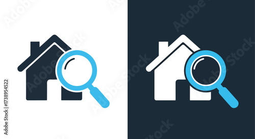 Magnifying glass over house icon search find property real estate home lookup - Line and glyph solid icon and logo templete