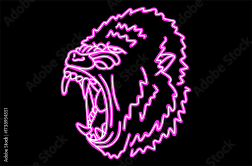 Neon Line art artwork of a Baboon monkey Head With Angry Expression with open mouth