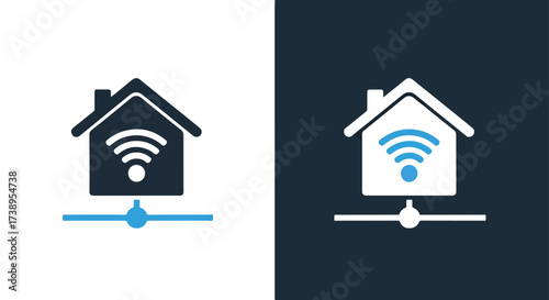 Smart home icon featuring house with wifi signal and network connection - Line and glyph solid icon and logo templete