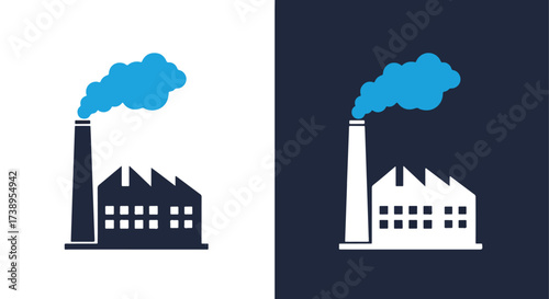 Factory icon emitting blue smoke industrial building symbol modern design clean energy - Line and glyph solid icon and logo templete