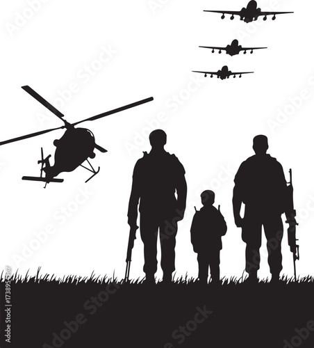 Powerful military family watches planes fly above