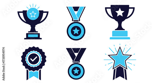 Set of six blue trophies medals and awards icons for recognition and achievement - Line and glyph solid icon and logo templete