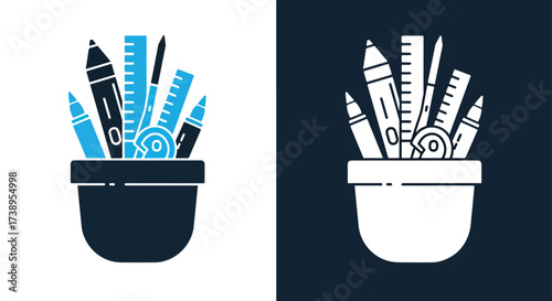 Creative art supplies pencil holder line drawing glyph icon design - Line and glyph solid icon and logo templete