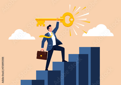 Vector Illustration: An ambitious businessman ascends the steps of progress, triumphantly raising the golden key to unlock his future success. 